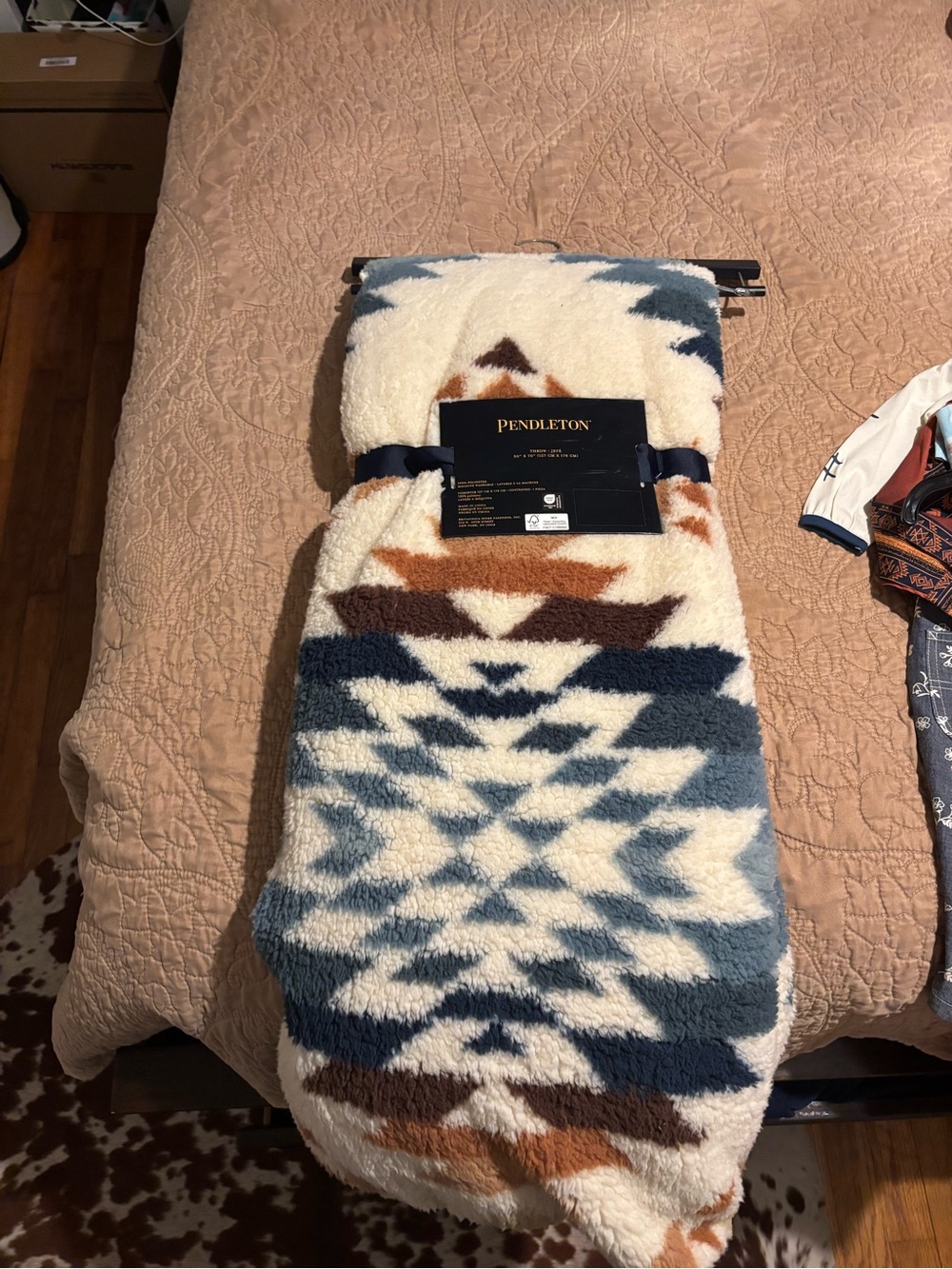 Pendleton Cream, Navy & Brown Aztec Plush Sherpa Throw